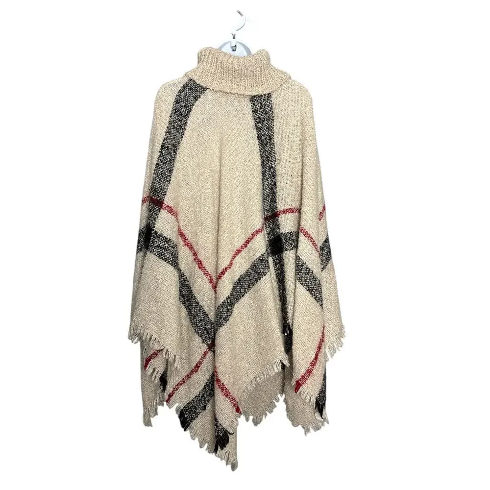 On‎ Blue Plaid Fringe Poncho Sweater